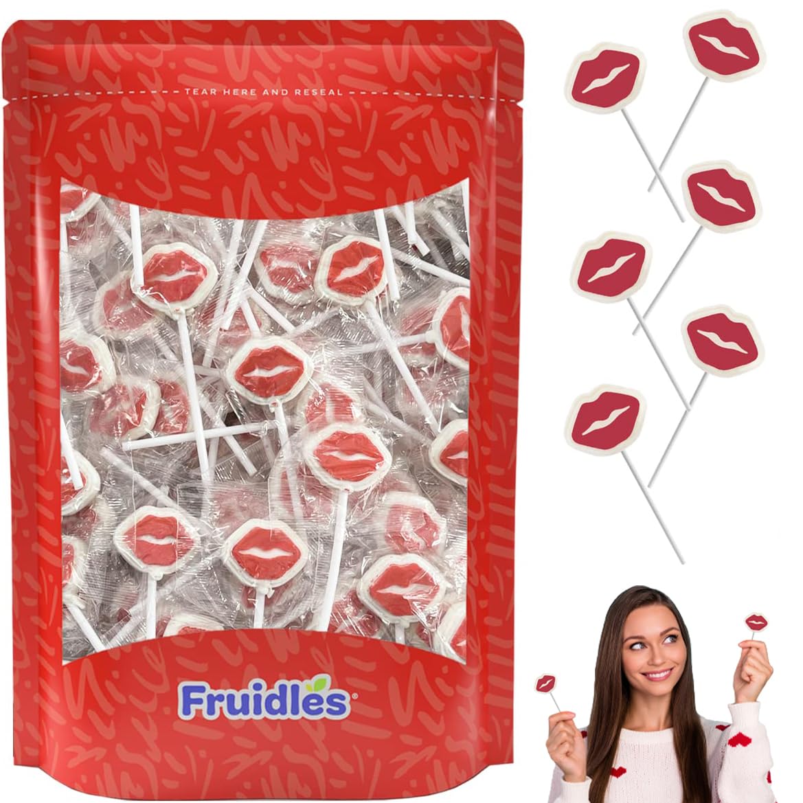 Valentine's Day Red Lips Tattoo Lollipops - White Lip Shaped Candy with Edible Red Lips Design, Individually Wrapped Suckers (1 Pound Bag) - Perfect for Valentine Gifts, Party Favors & Romantic Events