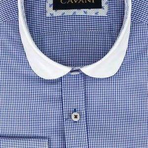 Cavani Men's Royal Blue Gingham Check Formal Shirt - Round Collar Peaky Blinders Style for Business, Office & Wedding Occasions