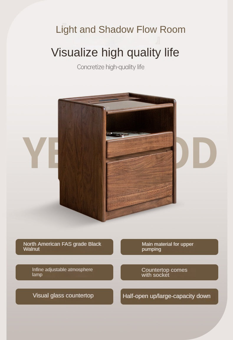 Solid Black Walnut Wood Nightstand with USB Outlet & Lamp - Perfect for Bedroom, Living Room, or Office Use