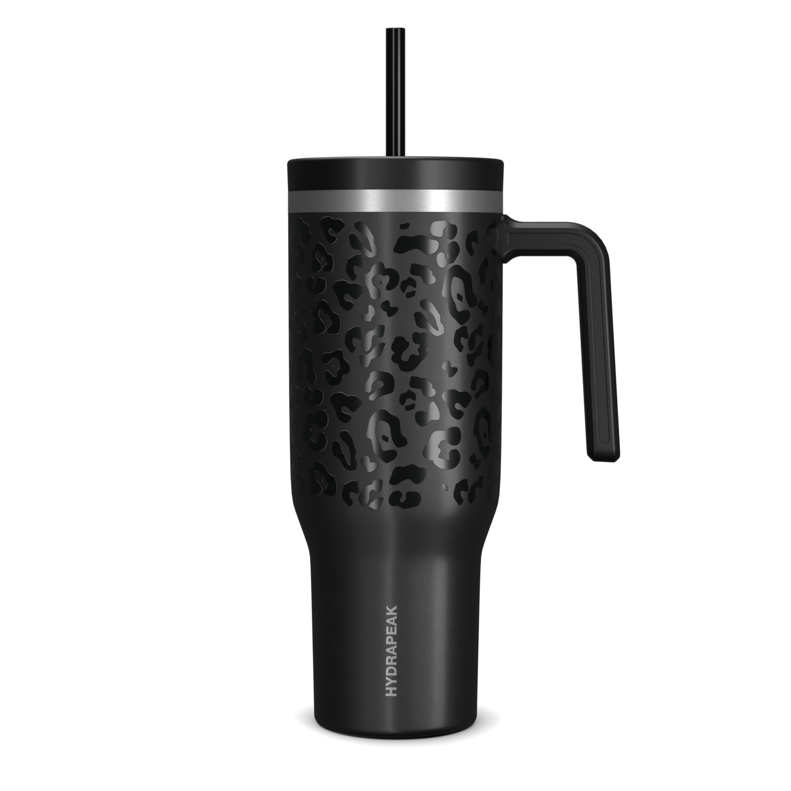 Hydrapeak Voyager 40oz Insulated Stainless Steel Tumbler with Handle & Straw Lid - Leakproof Travel Mug, BPA-Free Water Bottle for Hot & Cold Drinks - Perfect for Hiking, Camping, Office & Gym Use (Black Leopard)