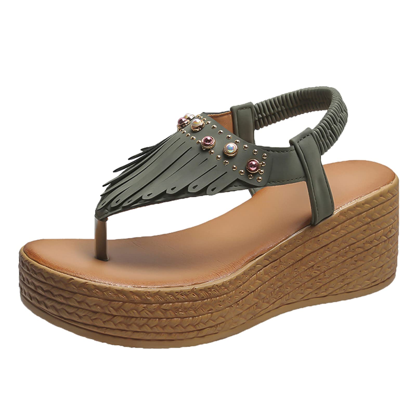 Women's Boho Fringe Thong Sandals with Ultra Thick Wedge Platform - Size 13 | Perfect for Beach Vacations, Summer Outfits & Boho Fashion