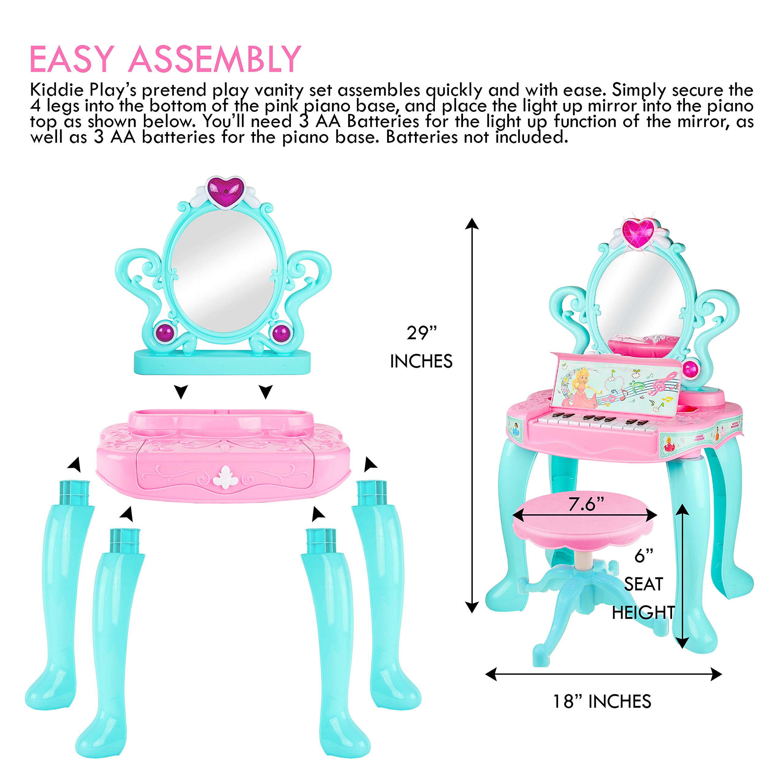 Girls Makeup Vanity Set with Mirror & Piano - Toddler Beauty Playset for Pretend Play