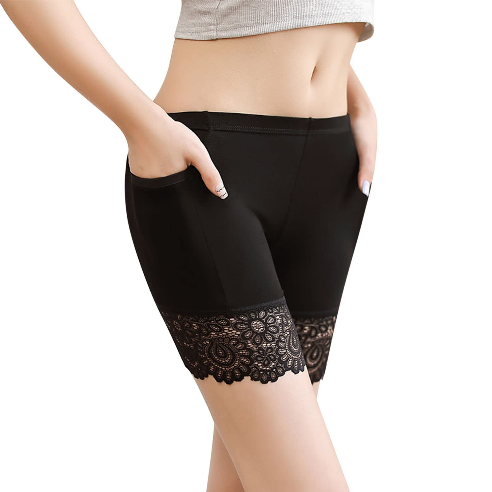 Exte18 Women's High Waist Solid Color Leggings with Lace Trim & Side Pockets - Non-Rolling Plus Size Yoga Pants for Workout, Lounge & Everyday Wear