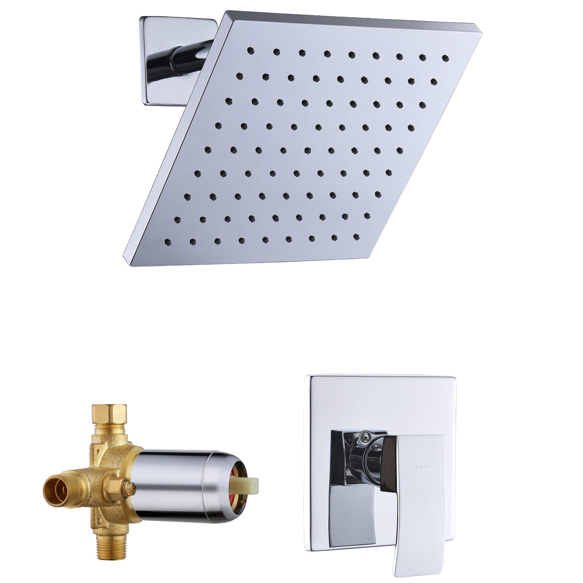 SOKA 8 Inch Rainfall Shower System - Chrome Single Function Shower Faucet Set with Pressure Balance Valve & Square Shower Head - Perfect for Modern Bathroom & Spa-Like Shower Experience