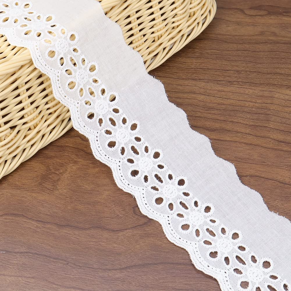 7 Yards White Cotton Eyelet Lace Trim - Scalloped Embroidery Lace Ribbon for Sewing, DIY Baby Clothes, Pet Apparel | Perfect for Wedding Dresses, Home Decor & Craft Projects