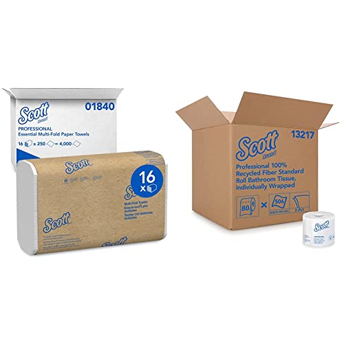 Scott Essential Multifold Paper Towels (01840) & Essential Professional 100% Recycled Fiber Bulk Toilet Paper for Business (13217) - 2-PLY Standard Rolls, White, 80 Rolls/Case, 506 Sheets/Roll - Ideal for Offices, Restaurants, and Commercial Facilities