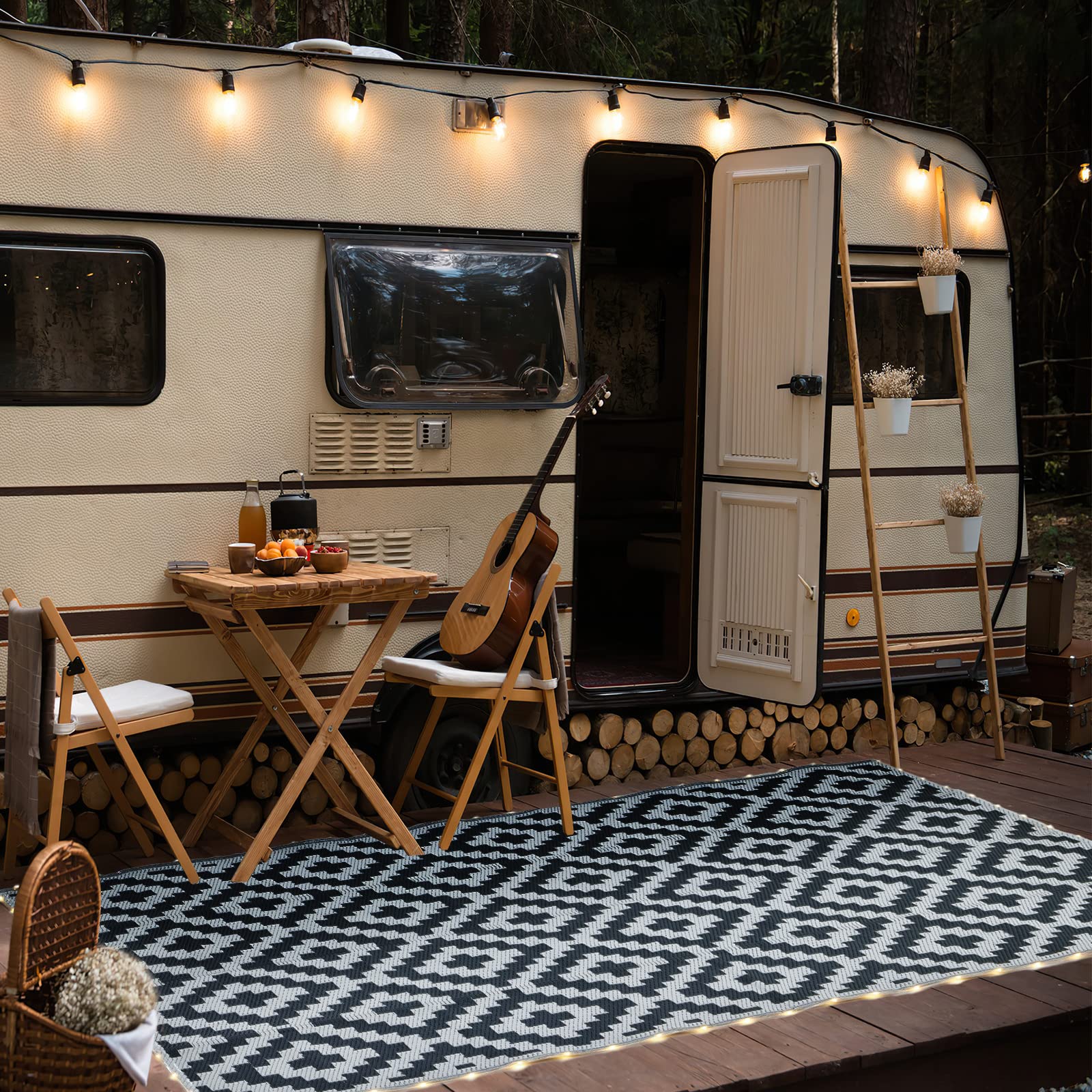 URBEST Reversible Waterproof Outdoor Camping Mat - 9x12 Feet Black & White RV Deck Porch Rug with LED Illumination | Perfect for Camping, Patio, RV & Outdoor Gatherings