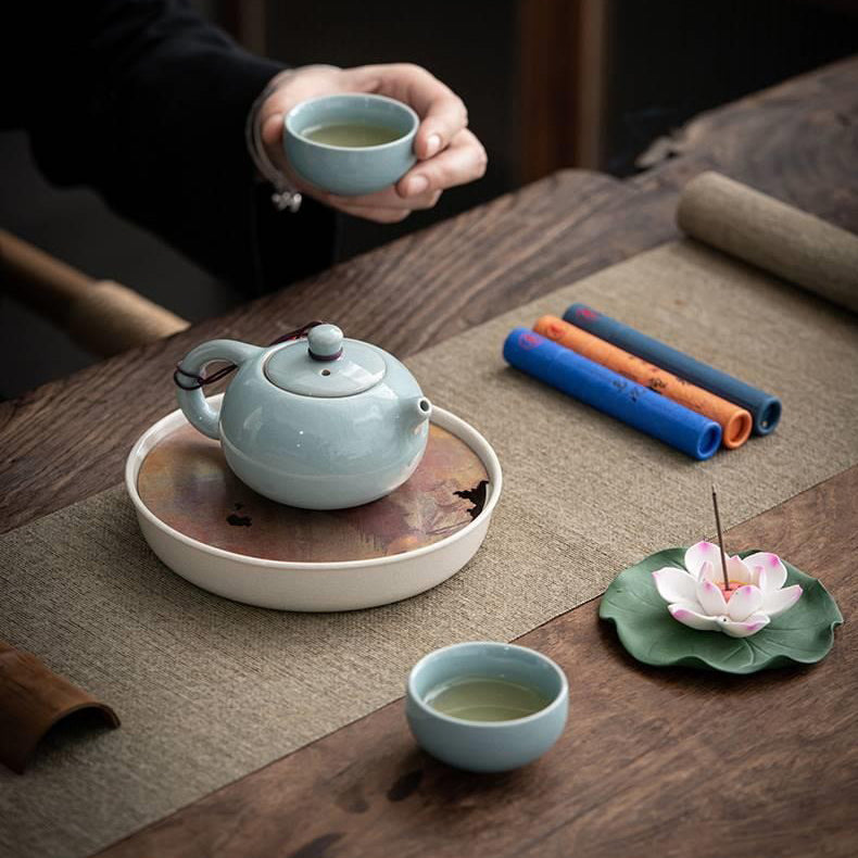 Premium Geyao Ceramic Tea Set with Lotus Incense Holder - Traditional Chinese Gongfu Tea Brewing Kit for Home, Office & Meditation Spaces