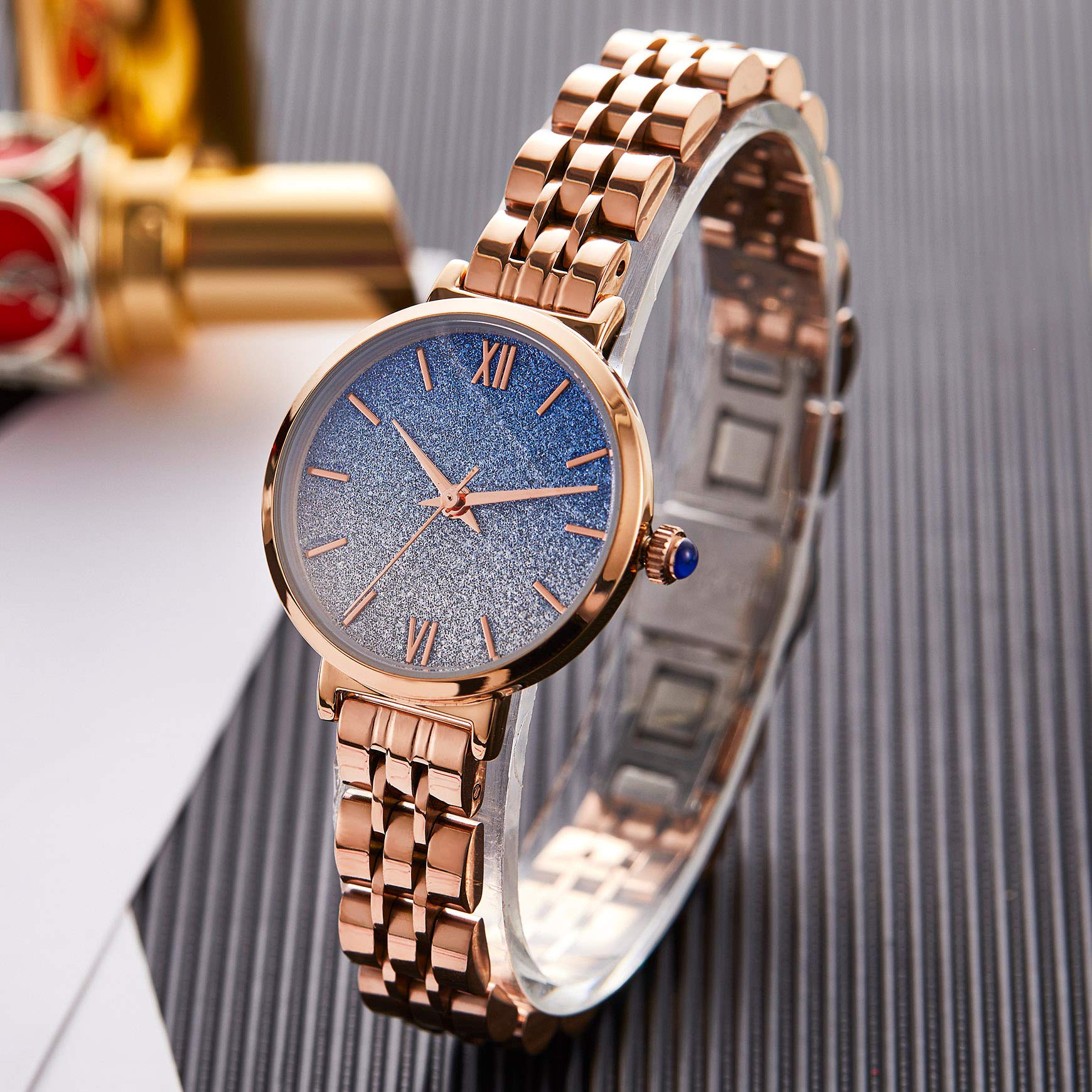 Japanese Quartz Women's Watch - 18k Gold Ion-Plated Stainless Steel Case, Waterproof Blue Dial - Elegant Fashion Wristwatch for Women | Perfect for Office, Party & Everyday Wear
