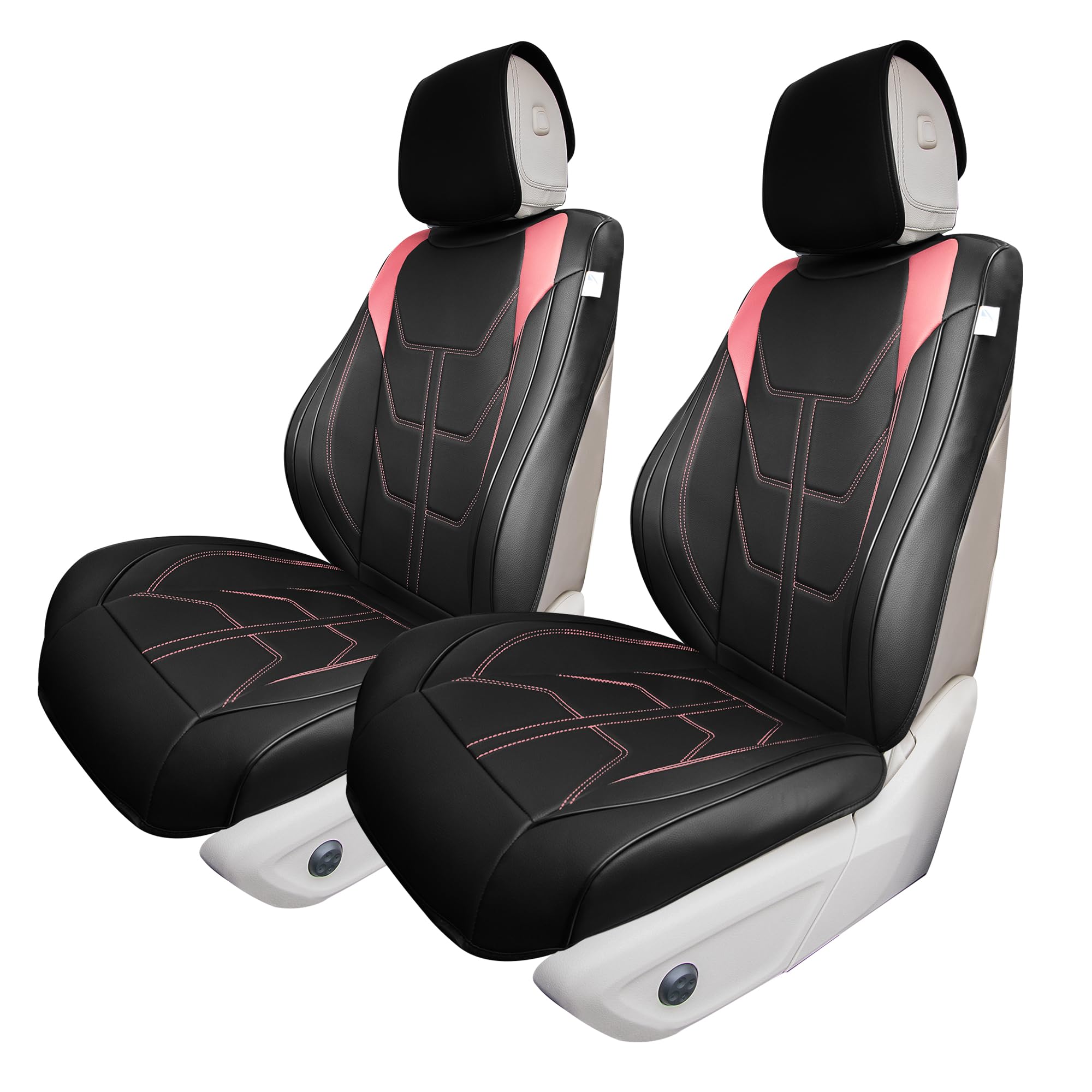 TLH Bionic70 Deluxe Faux Leather Pink Car Seat Covers with Contrast Stitching – 2 Pack Universal Fit Waterproof Seat Protectors for Cars, Trucks & SUVs | Front Set Cushion for Comfort & Style | Perfect for Daily Commute, Road Trips & Pet Protection