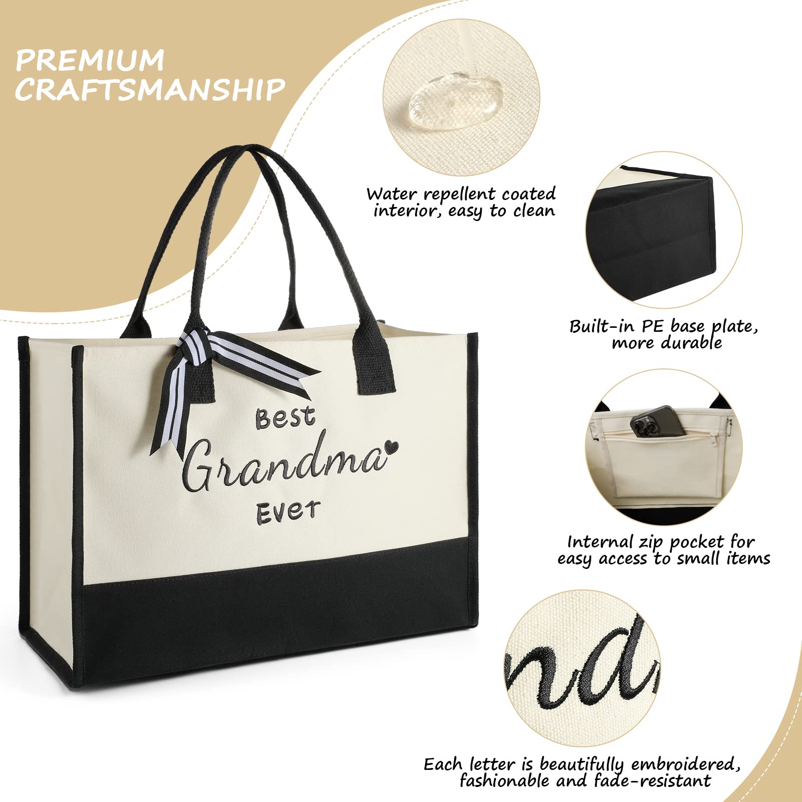 TRSODD Embroidered Canvas Tote Bag & Makeup Bag Set - Perfect Mother's Day Gift for Grandma, Birthday Present for Women - Ideal for Shopping, Travel & Daily Use
