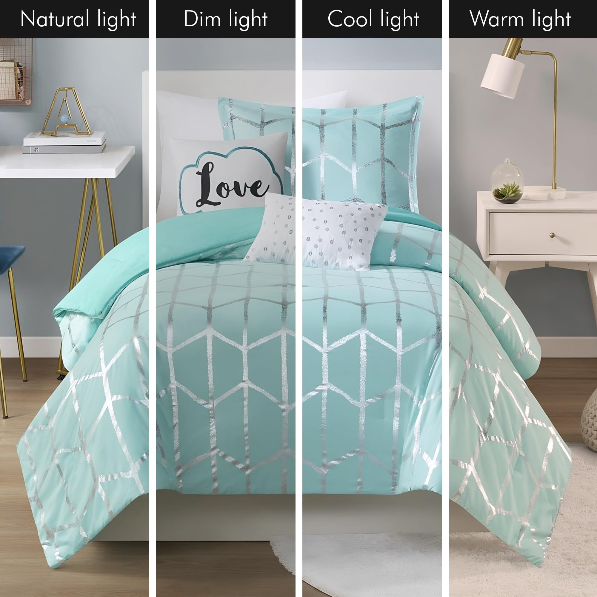 **Raina Twin/Twin XL Comforter Set - Soft Microfiber Geometric Bedding, Modern Metallic Design, 4-Piece College Dorm Set with 1 Sham & 2 Toss Pillows (Aqua) - Perfect for Teens, Kids Rooms & Dorm Decor**