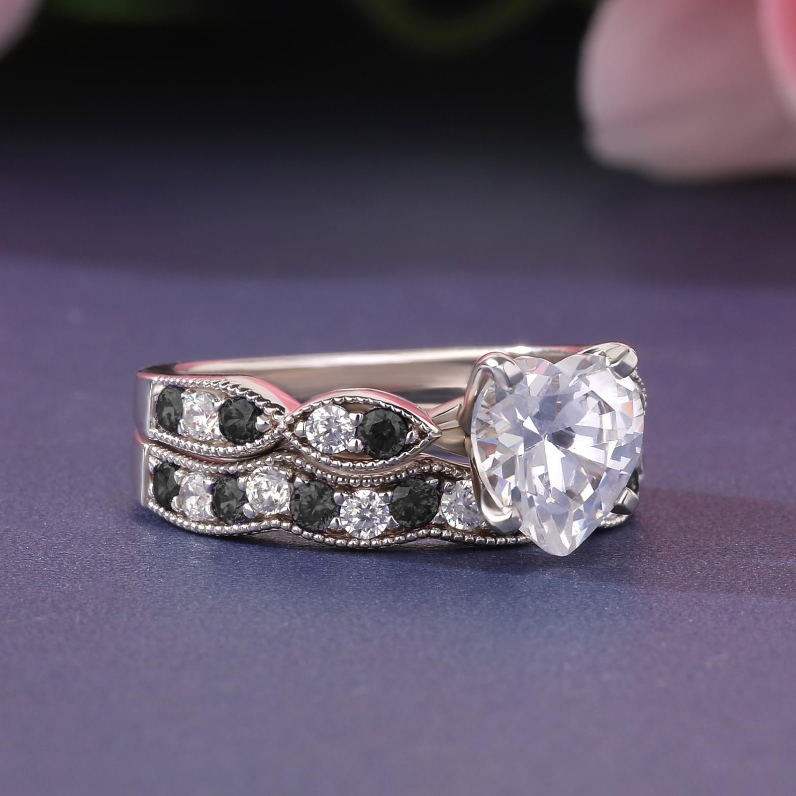 Jeulia 3 Carat CZ Solitaire Engagement Ring Set - Halo Milgrain Heart Cut Sterling Silver Wedding Band for Women | Perfect for Proposals, Anniversaries & Bridal Jewelry Collections