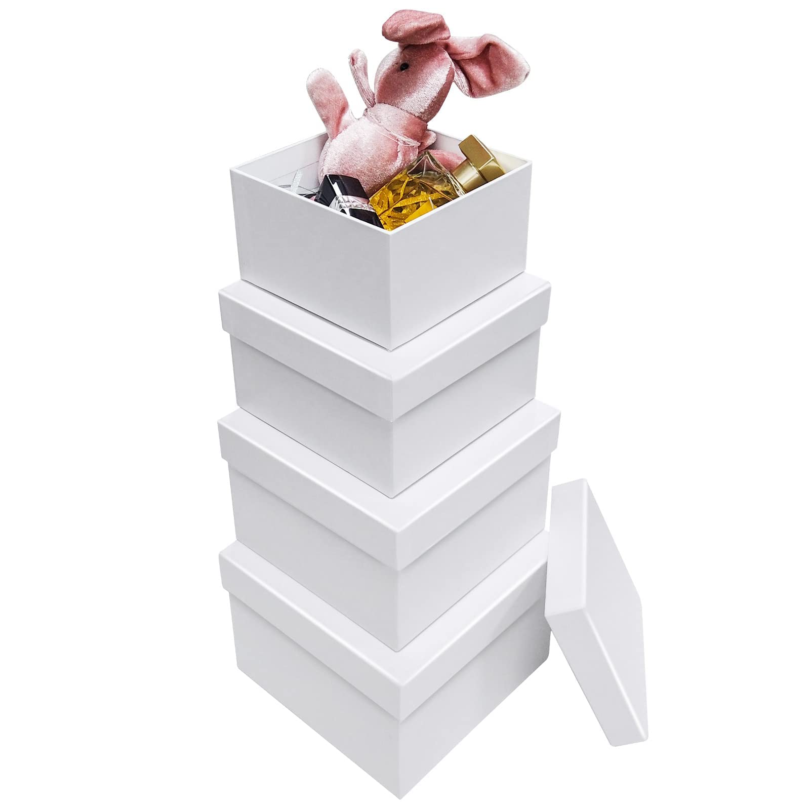 Aubiu 4-Piece White Square Gift Box Set with Lids - Assorted Sizes for Wedding, Bridesmaid Proposal, Birthday Party & Fathers Day Gifts - Perfect for Jewelry, Candles & Small Presents