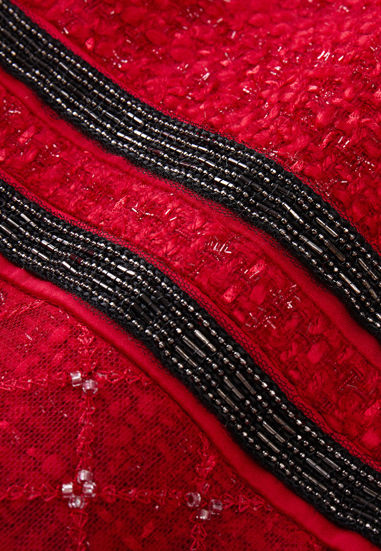 Elegant Red Cap Sleeve Embroidered Mesh Tweed Dress for Women | Vintage-Inspired Cocktail Party & Wedding Guest Outfit