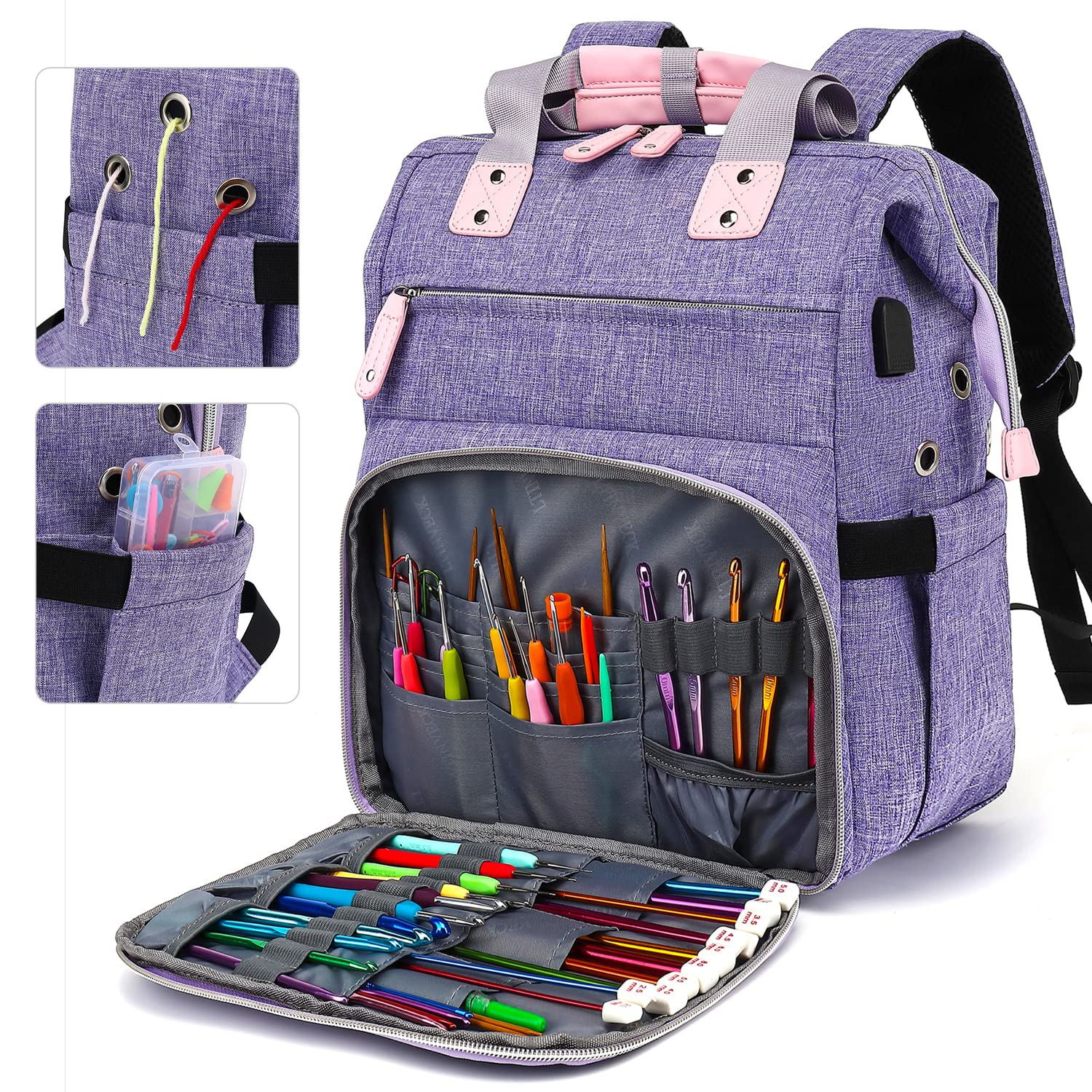Crochet Backpack for Knitting & Yarn Storage - Large Travel Tote Bag with USB Charging Port (Purple) | Perfect for Crafters, Knitters & On-the-Go Projects