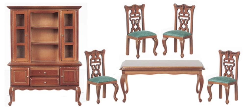 Melody Jane Dollhouse Walnut & Green Dining Room Furniture Set with Dresser Table & Chairs - Miniature Dollhouse Decor for 1:12 Scale Dolls - Perfect for Dollhouse Enthusiasts & Collectors
