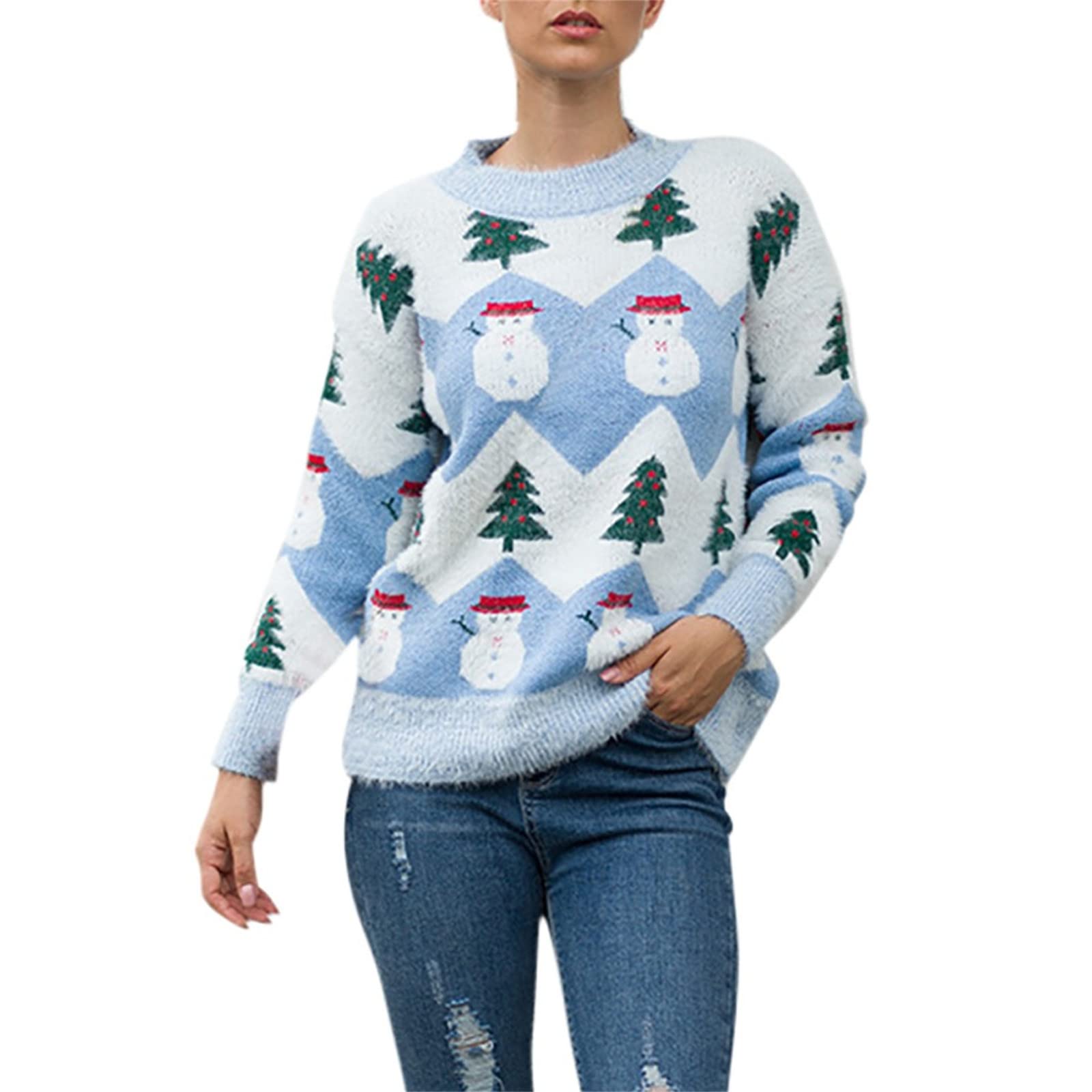 Women's Christmas Chunky Knit Crewneck Sweater - Snowman Design Long Sleeve Winter Pullover Jumper Top | Cozy Holiday Outfit for Parties, Family Gatherings & Festive Photos