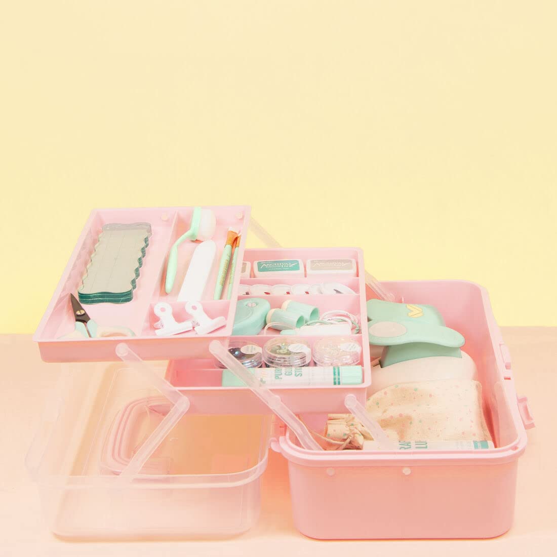 Craftelier Portable Craft Box Organizer with Handle & 3 Trays - Pink Art Supply Storage Case for Scrapbooking, Beading, Sewing - 12.8