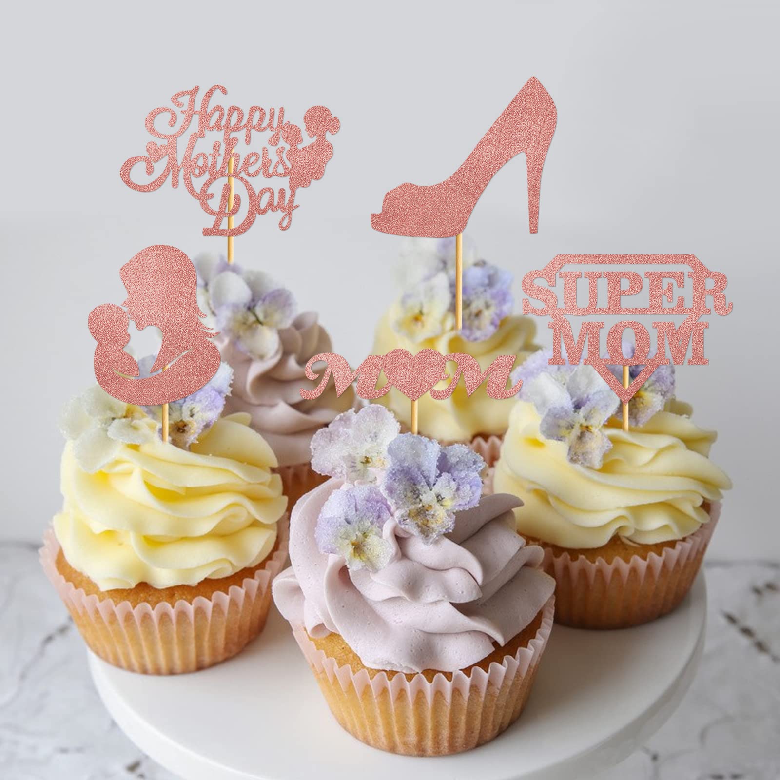 24-Piece Rose Gold Happy Mother's Day Cupcake Toppers - Elegant Cake Decorations for Mom's Birthday, Baby Shower & Mother's Day Party Supplies (Floral Design)