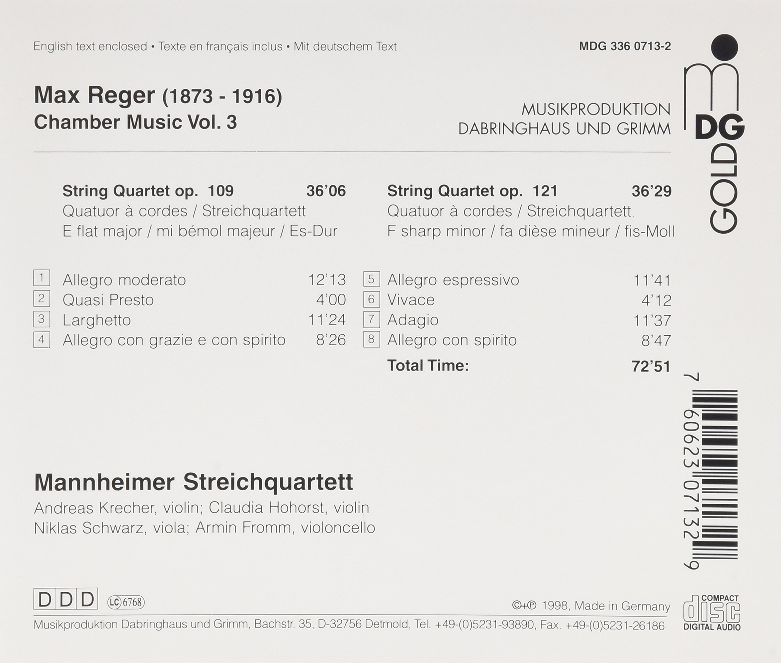 Max Reger Chamber Music Vol. 3 - String Quartet Op. 109 & Op. 121 by Mannheim String Quartet | Classical Music CD for Home Listening & Dinner Parties