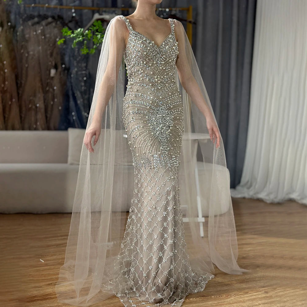 Luxury Dubai Arabic Mermaid Cape Sleeve Beaded Evening Gown - Elegant Saudi Formal Dress for Weddings, Galas & Special Occasions | LA72748
