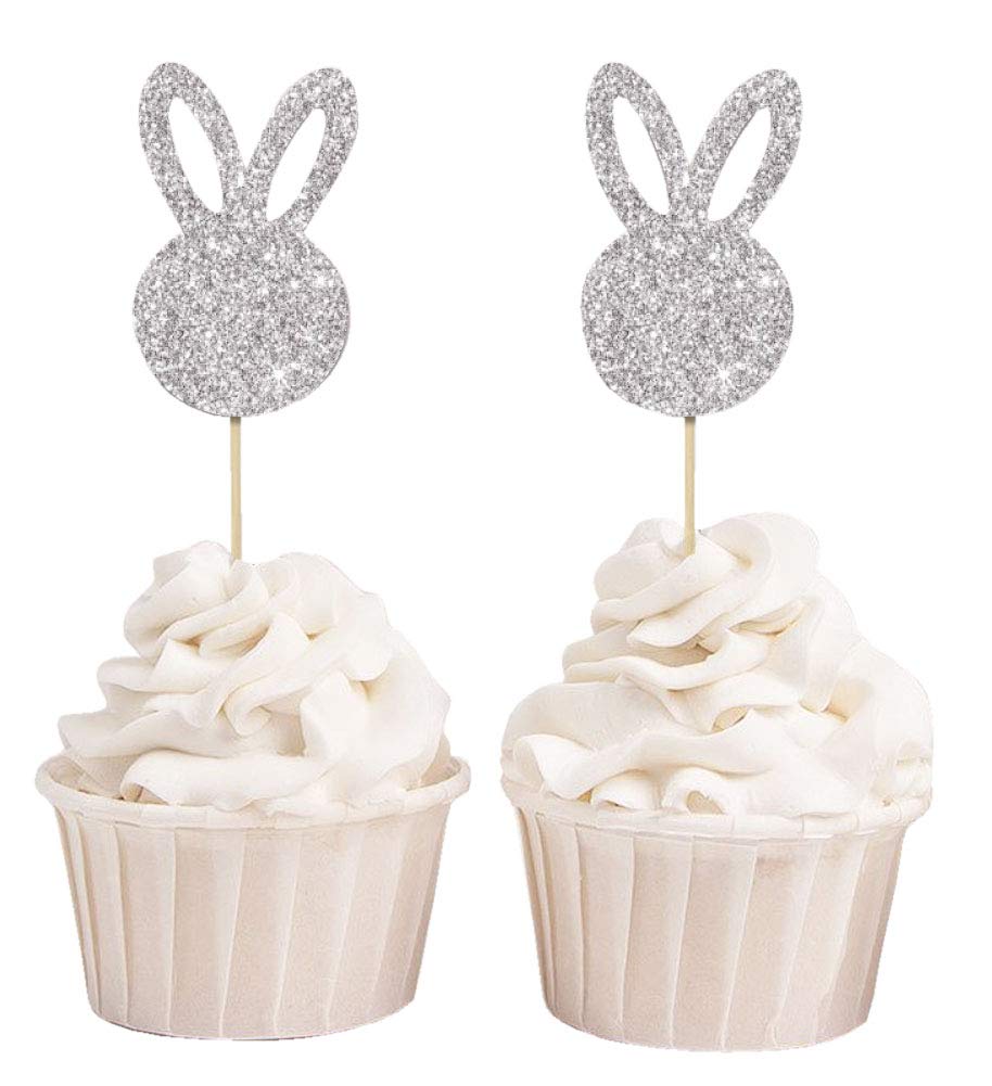 Glitter Silver Easter Bunny Rabbit Cupcake Toppers - Pack of 40 for Easter Dessert Decorations, Party Supplies & Holiday Baking