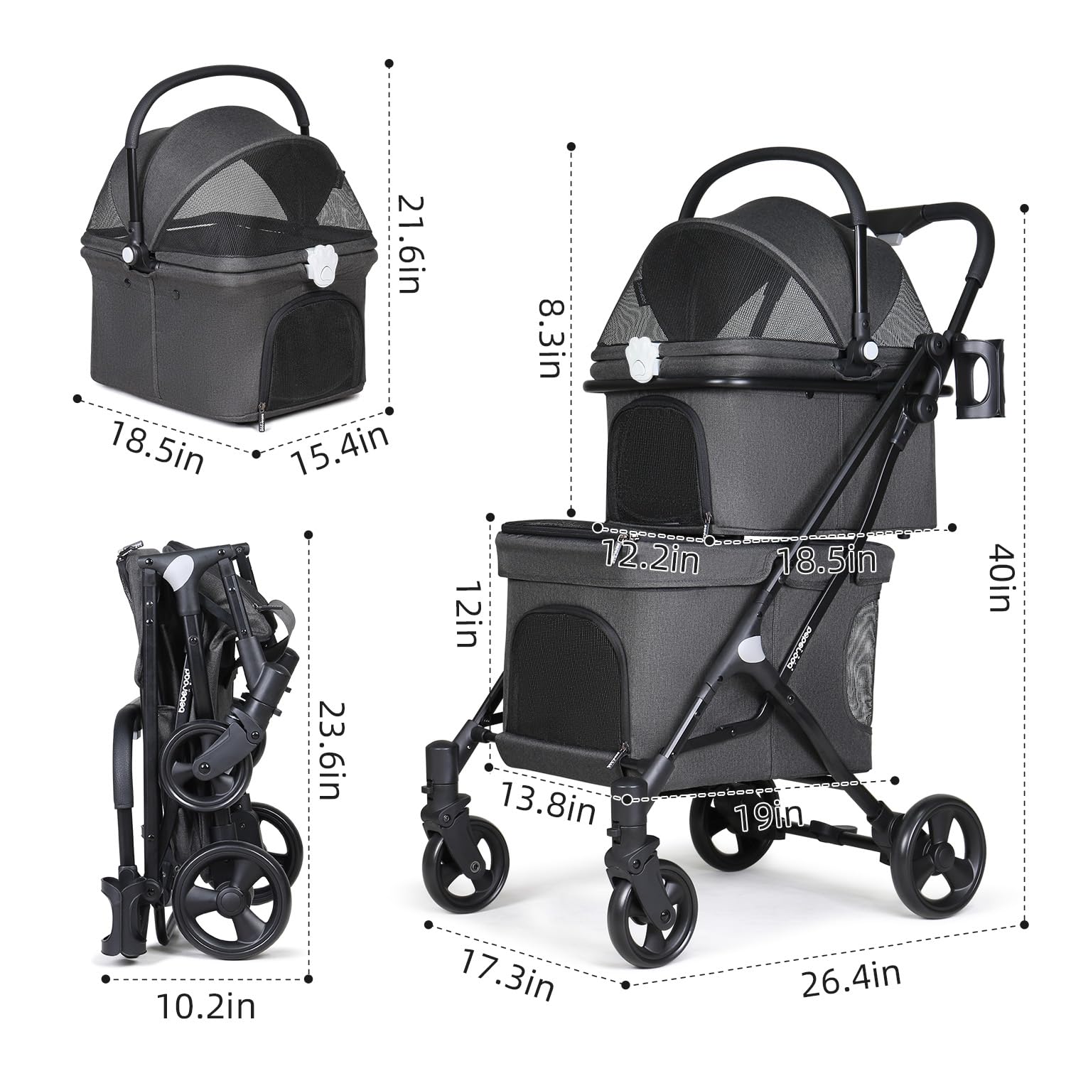 Premium T1 Double Pet Stroller for 2 Small Dogs or Cats - Lightweight Foldable Design with Detachable Carrier - Ideal for Park Walks, Vet Visits & Travel (Black)