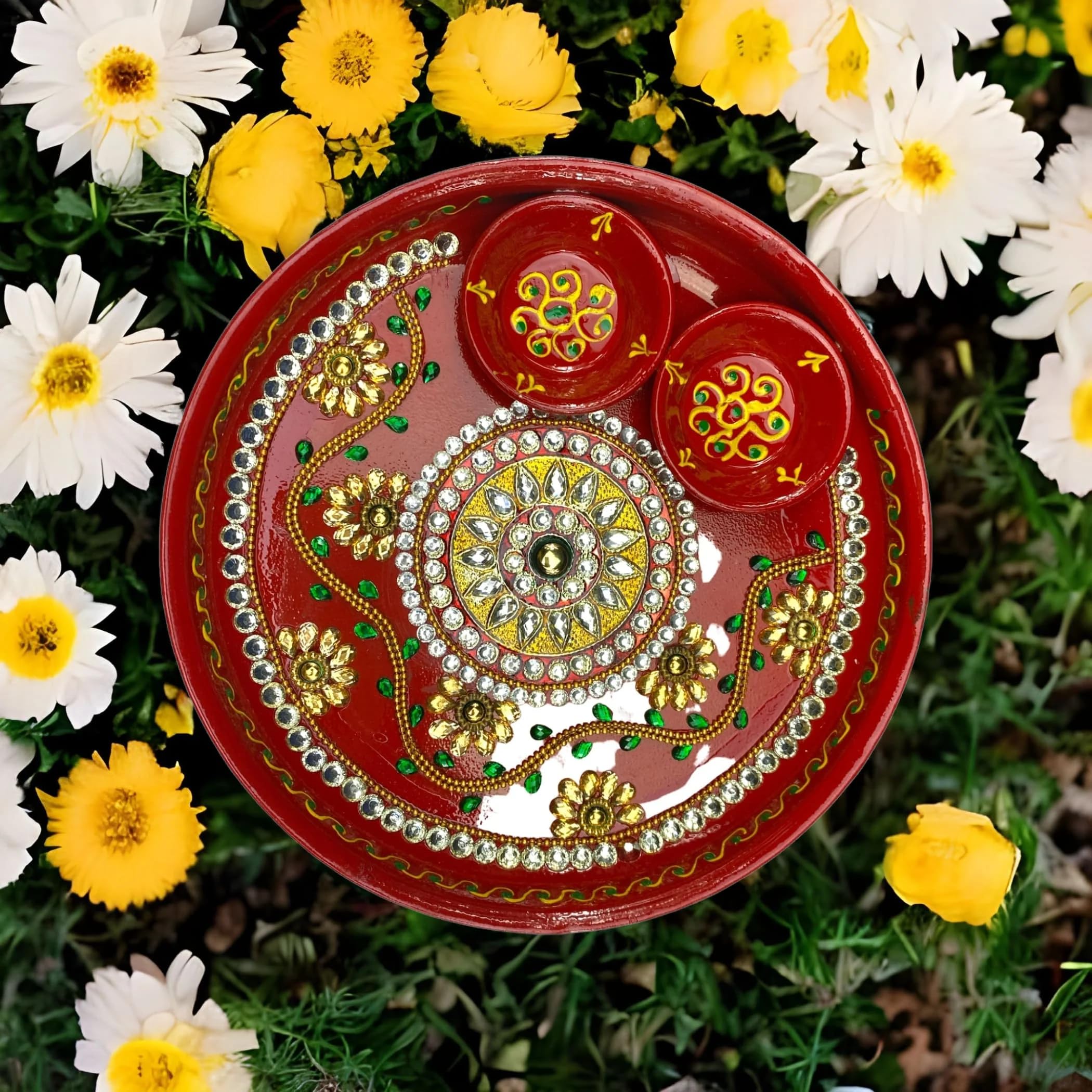 LOVENSPIRE Handmade Meenakari Work Rhinestone Pooja Aarti Thali with Bowls - Red Painted Stylish Platter for Haldi Kumkum, Ganesh Pooja, Teej & Diwali - Perfect Housewarming Gift for Indian Religious Ceremonies & Festive Celebrations