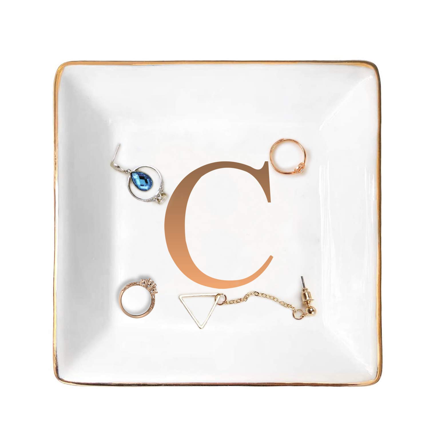Personalized Ceramic Jewelry Tray with Gold Initials - Engraved Ring Dish, Trinket Bowl & Key Holder - Unique Wedding, Engagement Gift for Brides, Bridesmaids & Anniversary - Perfect for Dresser Decor, Jewelry Organization & Gift Giving