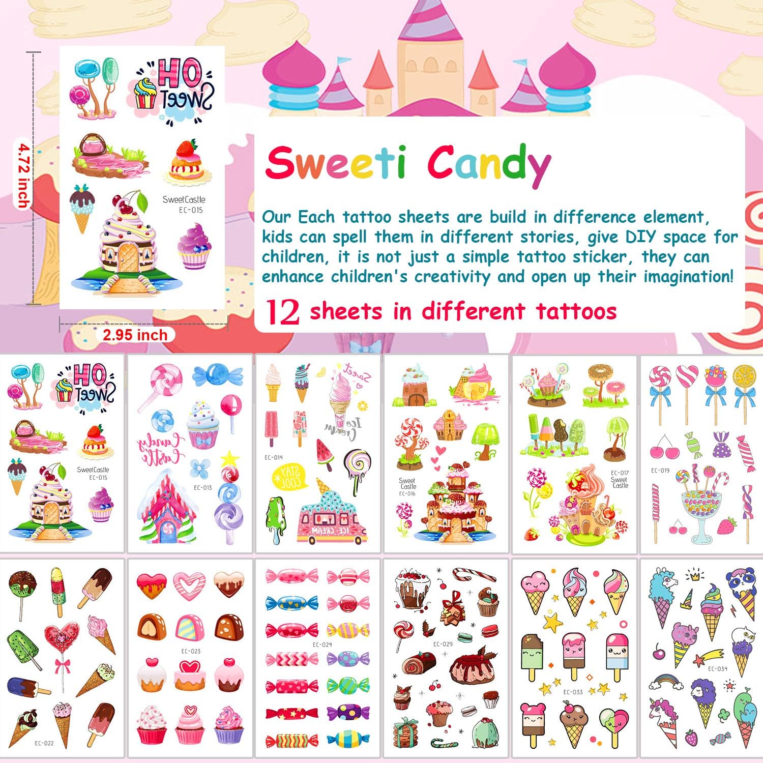 130pcs Kids Temporary Tattoos - Ice Cream & Candy Themed Fake Tattoos for Birthday Parties, Halloween Goodie Bags, Party Favors & Decorations - Perfect for Kids' Events, Classroom Rewards & Summer Camp Activities