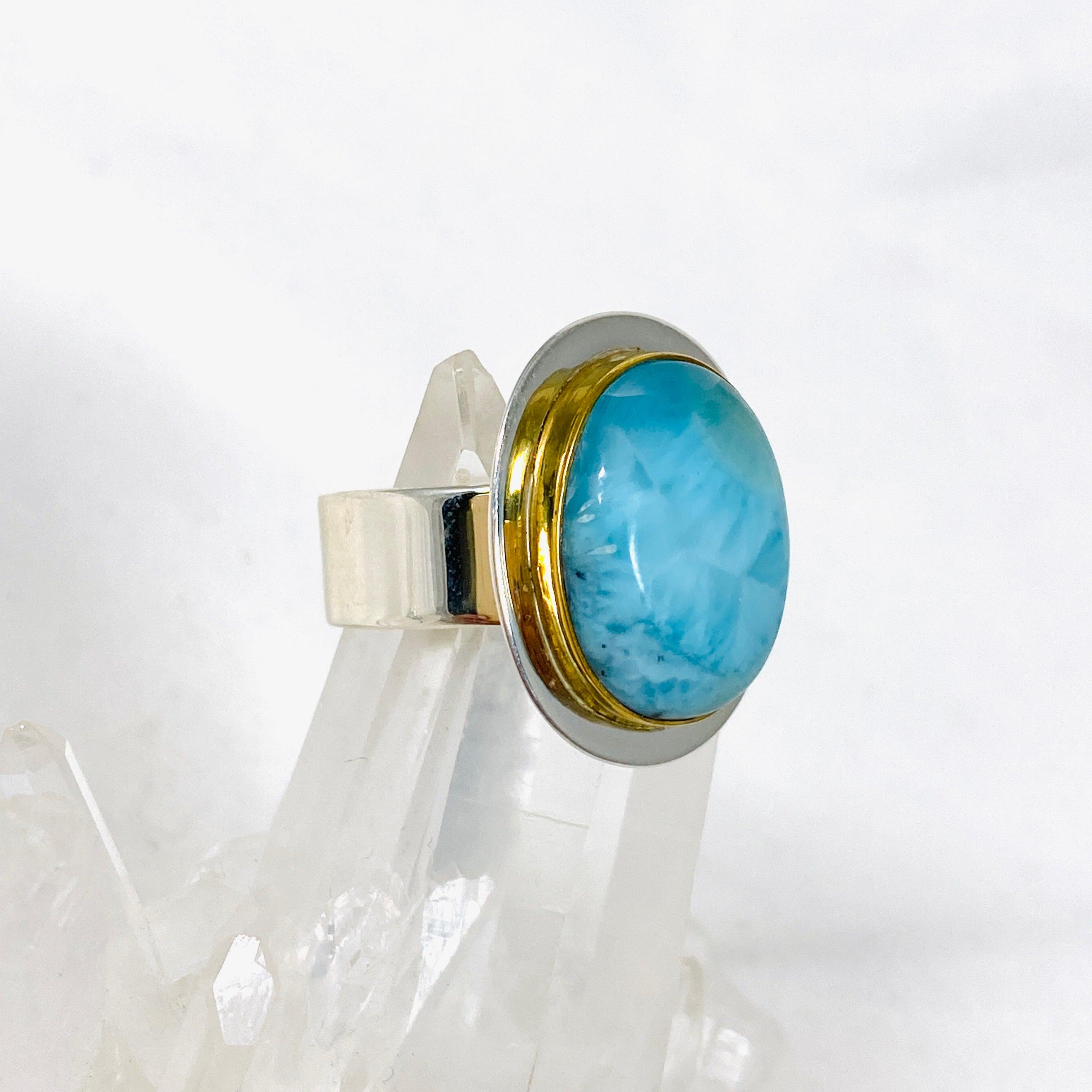Larimar Oval Ring with Brass Detailing - Size 10 - KRGJ3104 - Perfect for Boho Jewelry Lovers & Beach Wedding Accessories
