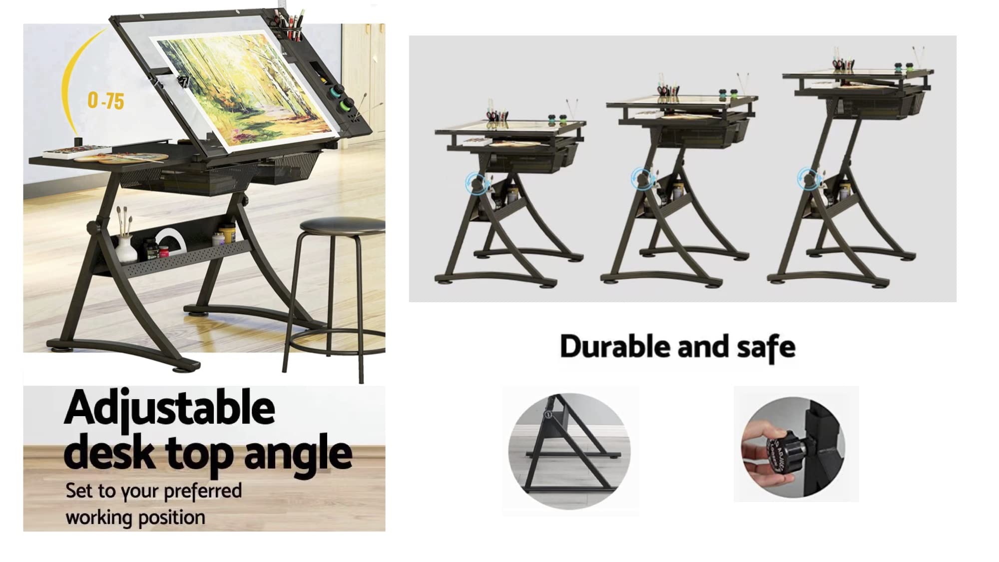 Professional Adjustable Glass Drafting Table - Art Drawing Desk with Glass Top for Artists, Crafters & Designers - Perfect for Studio, Home Office & School Use - Includes Drawers & Chair - Black