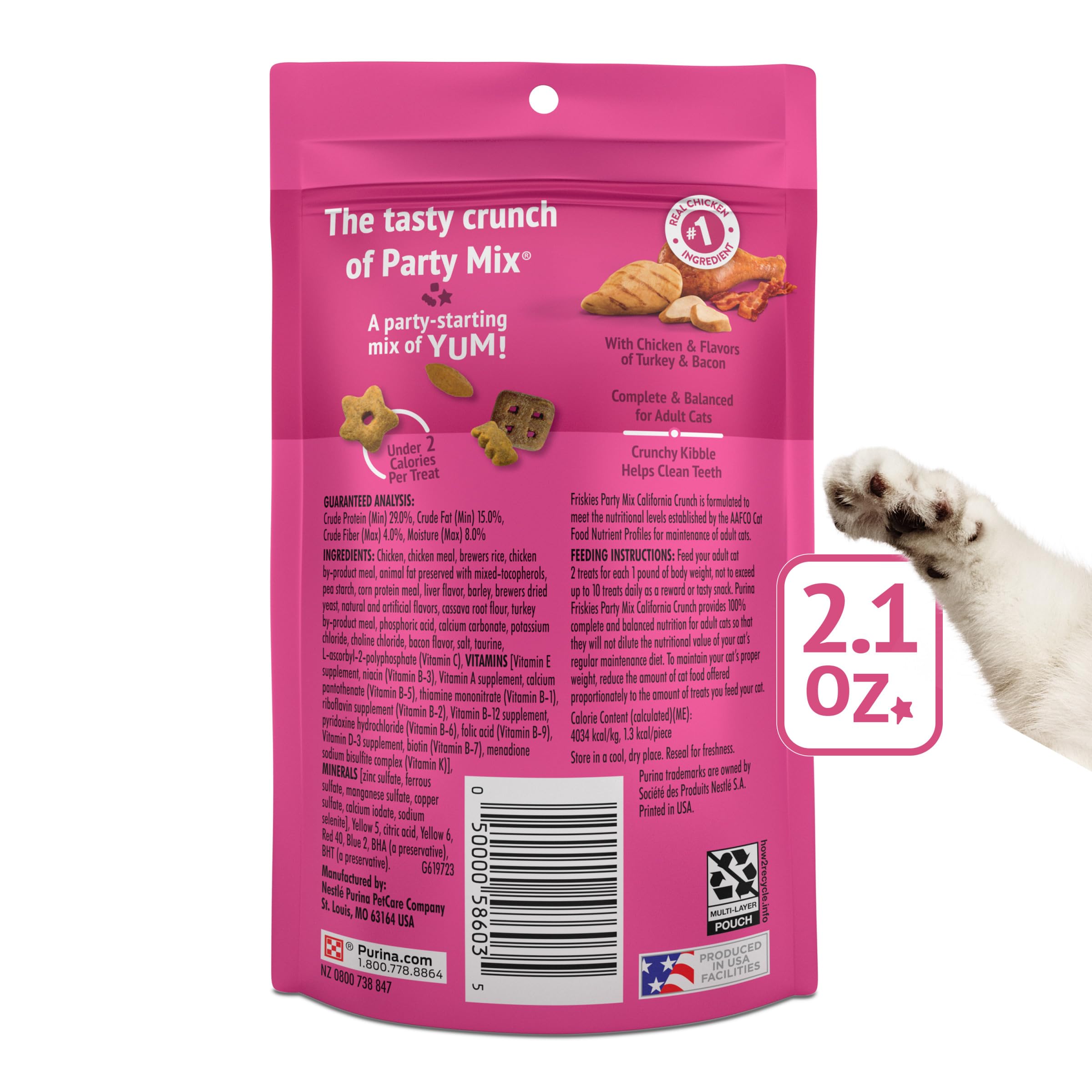 Purina Friskies Cat Treats - Chicken Flavor Party Mix California Crunch, 10 Pack of 2.1 oz Pouches | Crunchy Snacks for Cats, Training Rewards & Playtime Treats