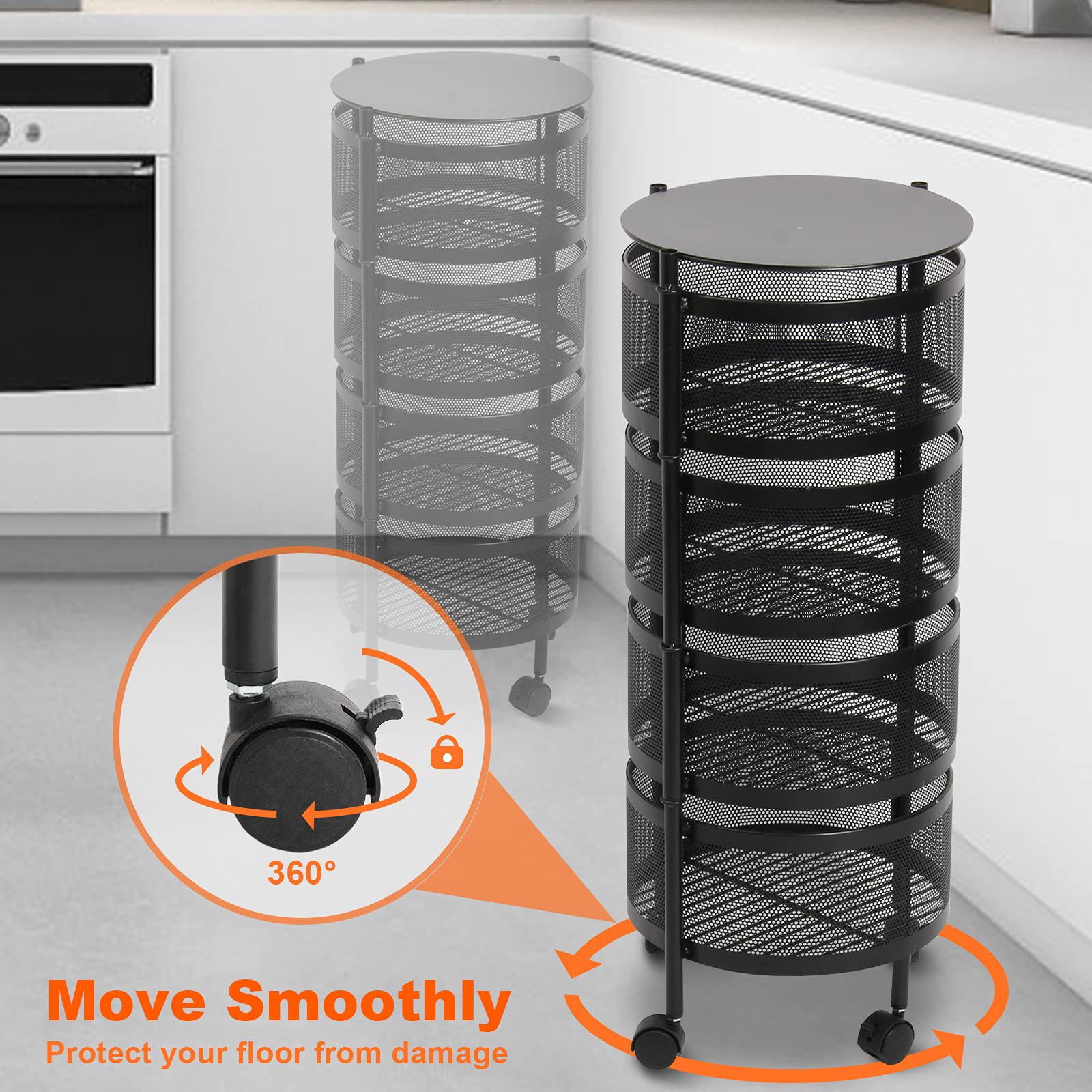 Todeco 360° Rotating Storage Rack - 5-Tier Multi-Purpose Organizer Shelf for Kitchen, Living Room | Space-Saving Floor Standing Fruit Vegetable Basket | Durable Black Home Storage Solution (Perfect for Small Spaces & Clutter-Free Organization)