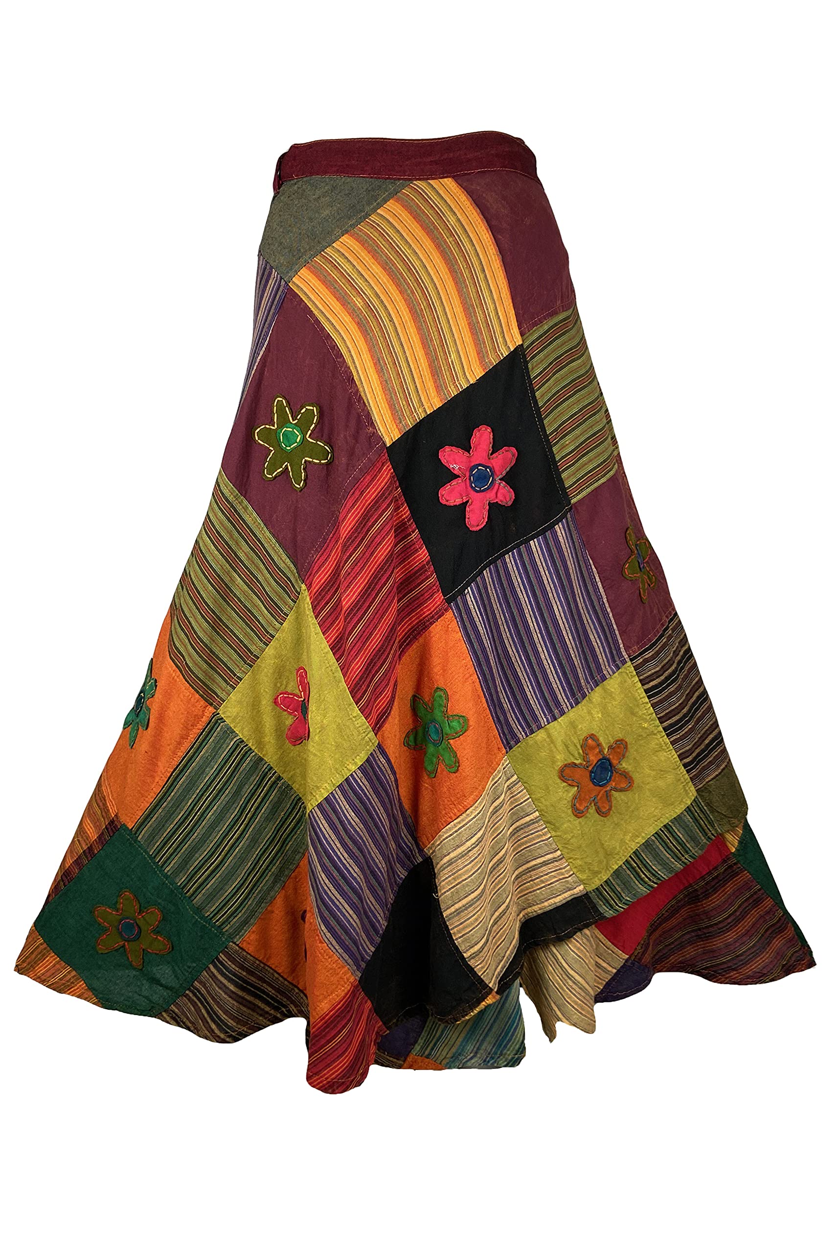 Agan Traders Women's 2025 Spring & Fall Boho Maxi Skirt - High Waisted Long Bohemian Wrap Skirt with Patchwork & Tie Up Detail | Perfect for Beach, Festival, and Casual Wear