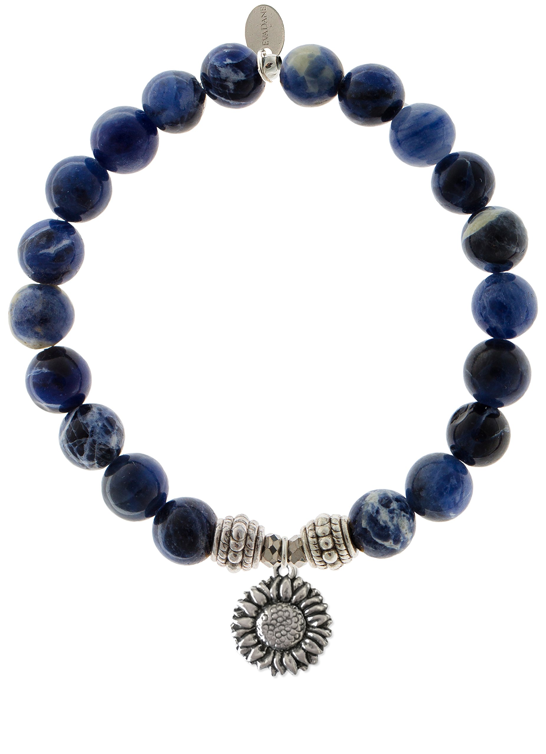 EvaDane Natural Sodalite Gemstone Beaded Stretch Bracelet with Sunflower Charm - Handmade Adjustable Yoga Meditation Jewelry for Women - Perfect for Spiritual Healing, Boho Fashion & Everyday Wear