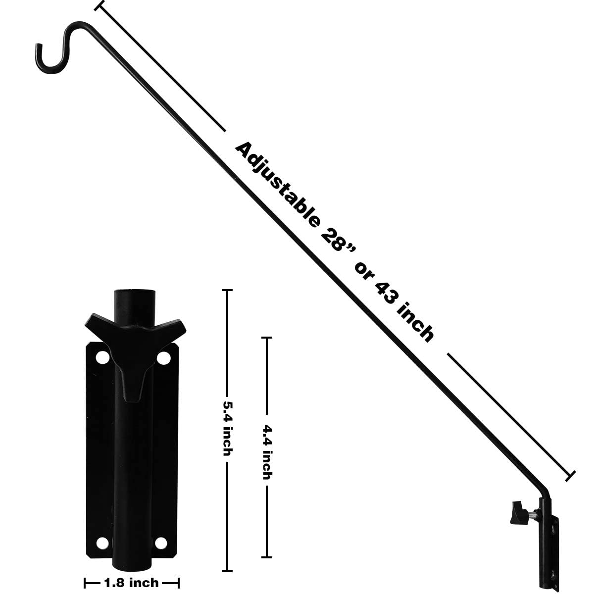 MIXXIDEA Heavy Duty Adjustable Wall Mount Hook - Extendable Deck Pole Bracket for Bird Feeders, Planters, Lanterns & Wind Chimes | Outdoor Garden & Patio Decor (Black)