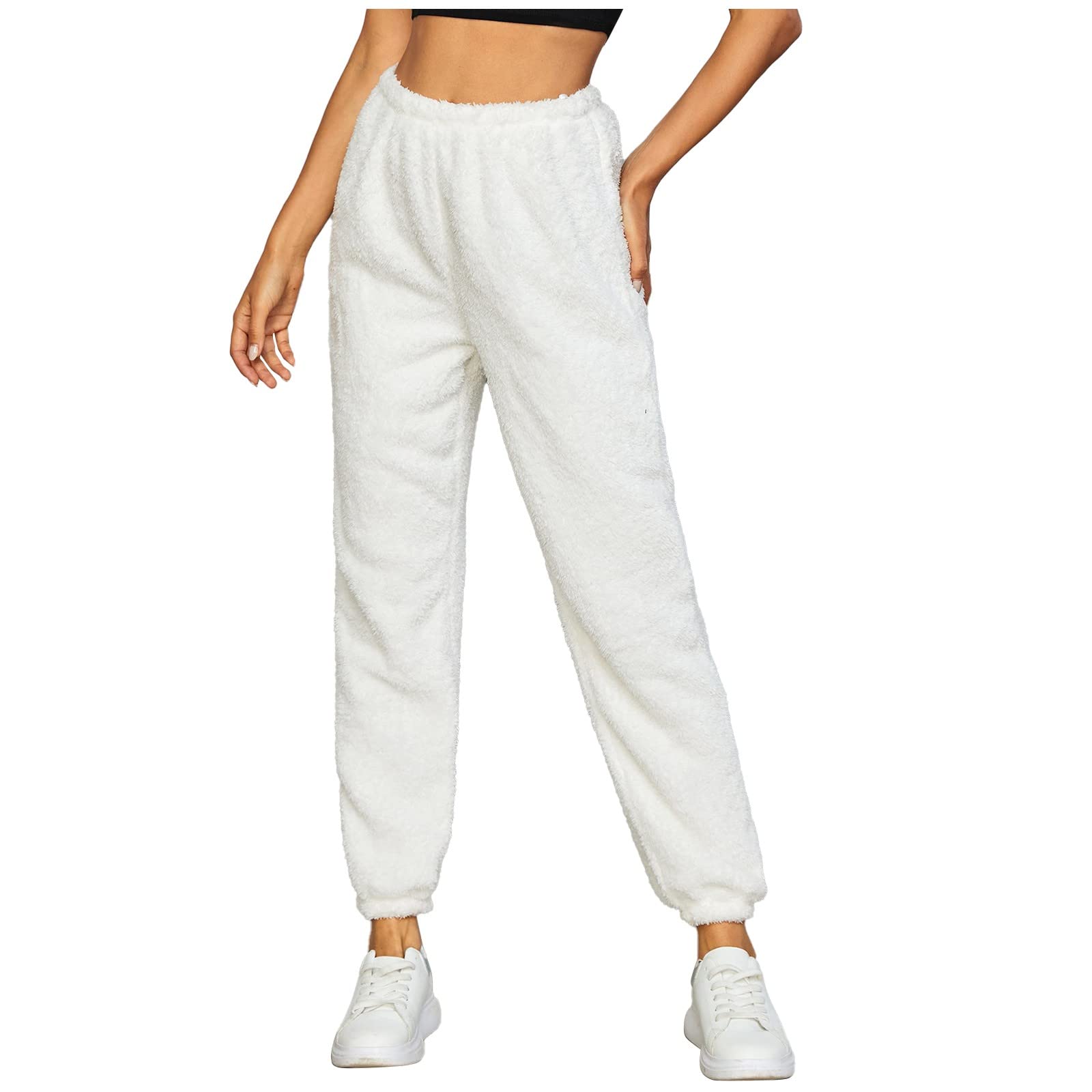 Women's Fleece Jogger Pants - Soft Plush Winter Sweatpants for Women, Loose Fit Comfy Casual Lounge Pants with Elastic Waist, Warm Cozy Home Pants for Relaxing, Sleeping & Running Errands