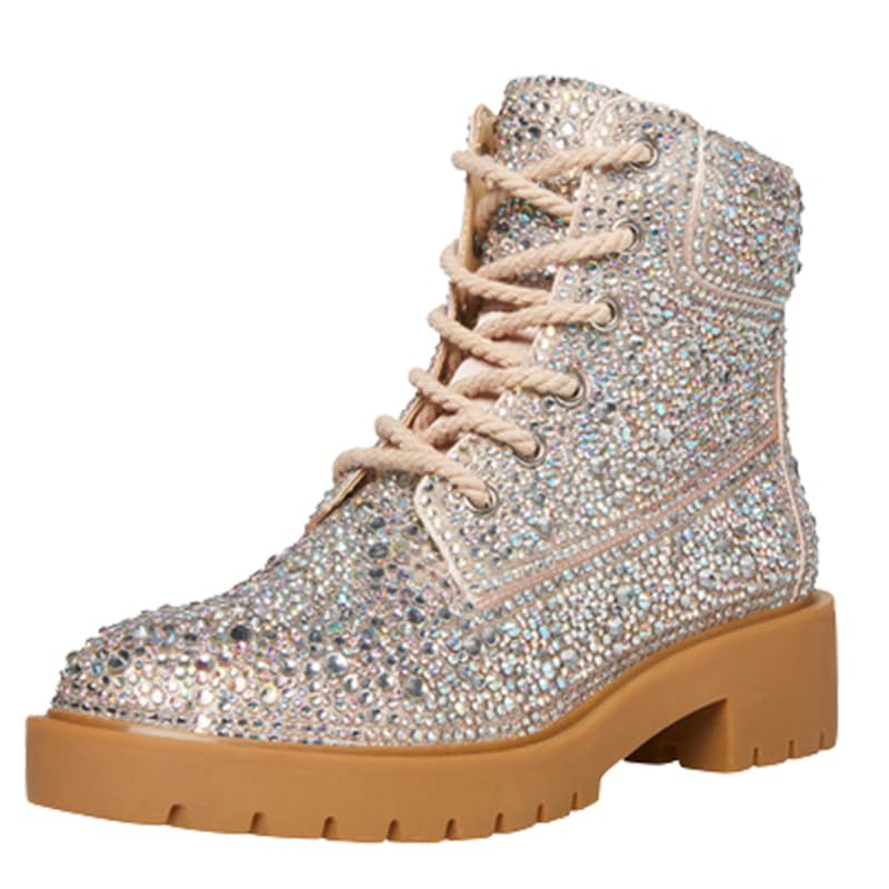 Sparkly Rhinestone Combat Boots for Women - Glitter Ankle Booties with Bling | Perfect for Parties, Night Out & Festivals