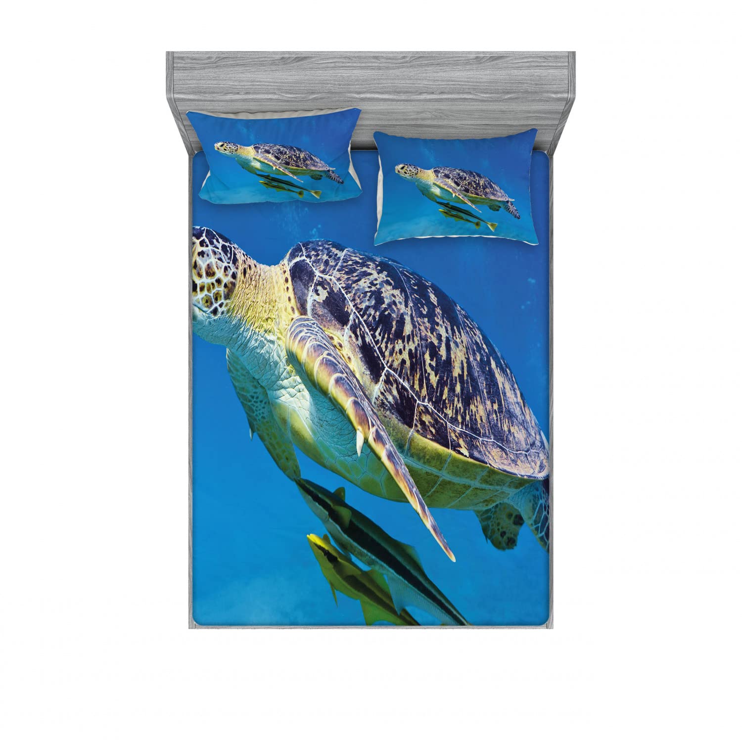 Ambesonne 2-Pack Queen Size Turtle & Fish Ocean Themed Fitted Sheet Set with 4 Pillow Shams - Blue, Yellow & Brown Underwater Bedding Decor for Coastal & Nautical Bedroom Design - Perfect for Beach House, Kids Room or Marine Lover's Bedroom