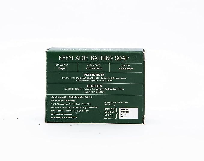 BELLACRAZE Neem & Aloe Vera Soap - 100% Natural Organic Face & Body Wash - Reduces Dark Circles & Enhances Skin Glow - 100g Green Bar (Pack of 3) - Perfect for Daily Cleansing, Acne Treatment & Sensitive Skin Care