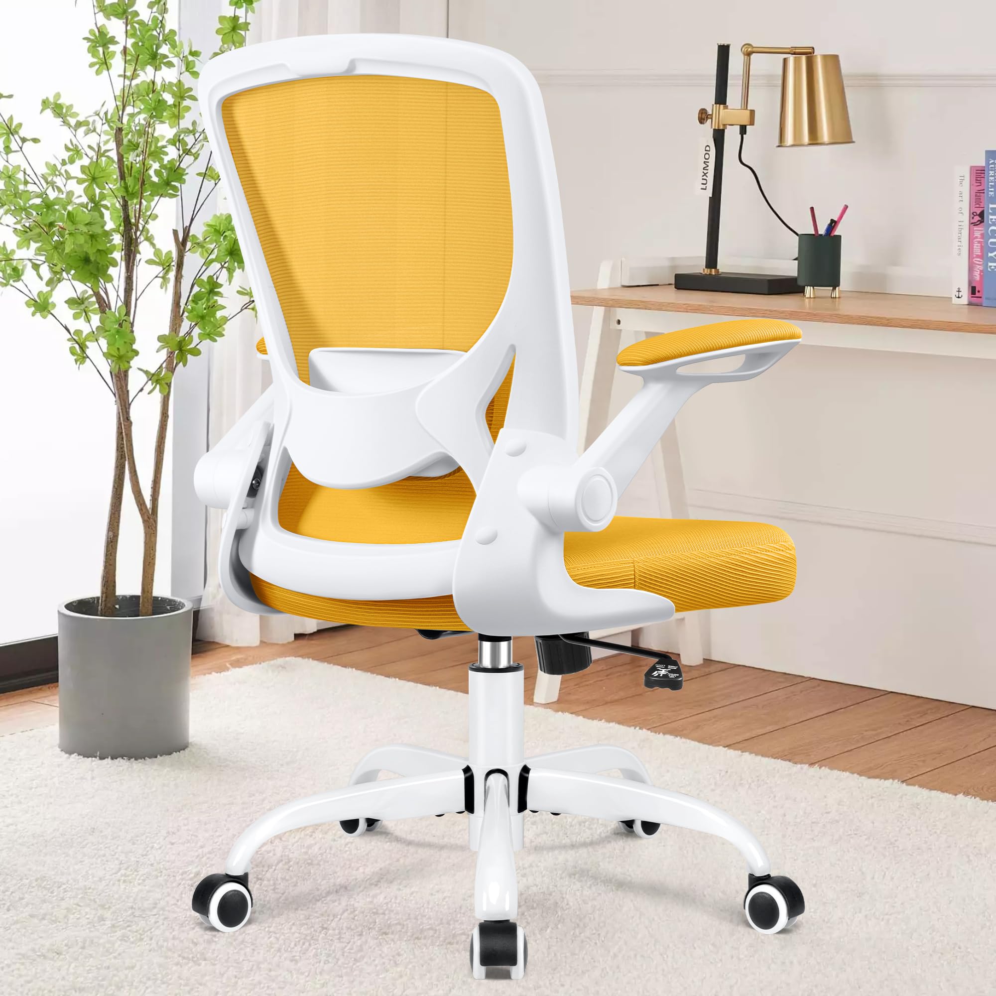 KERDOM Ergonomic Office Chair - Breathable Mesh Computer Desk Chair with Lumbar Support, Wheels & Flip-Up Arms - Adjustable Height Swivel Task Chair for Home Office & Gaming (Yellow) - Perfect for Long Work Sessions, Online Classes & PC Gaming