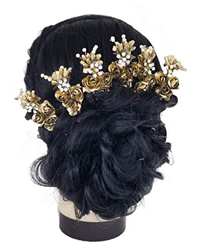LEYSIN 6PCS Floral Hair Pins Set for Women & Girls - Hair Styling, Bun Decoration, Gajra Accessories - Perfect for Weddings, Parties & Daily Hairstyles