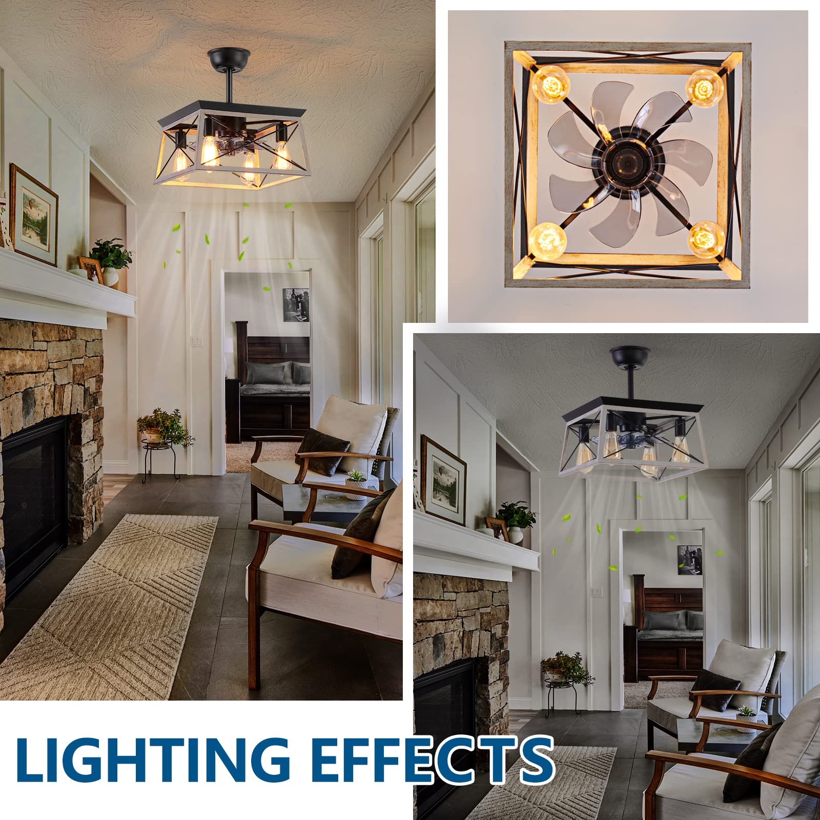 Rustic 4-Light Caged Bladeless Ceiling Fan with Remote - Farmhouse Style Indoor Fan with LED Lights for Living Room, Bedroom & Kitchen - Perfect for Home, Office and Patio Decor
