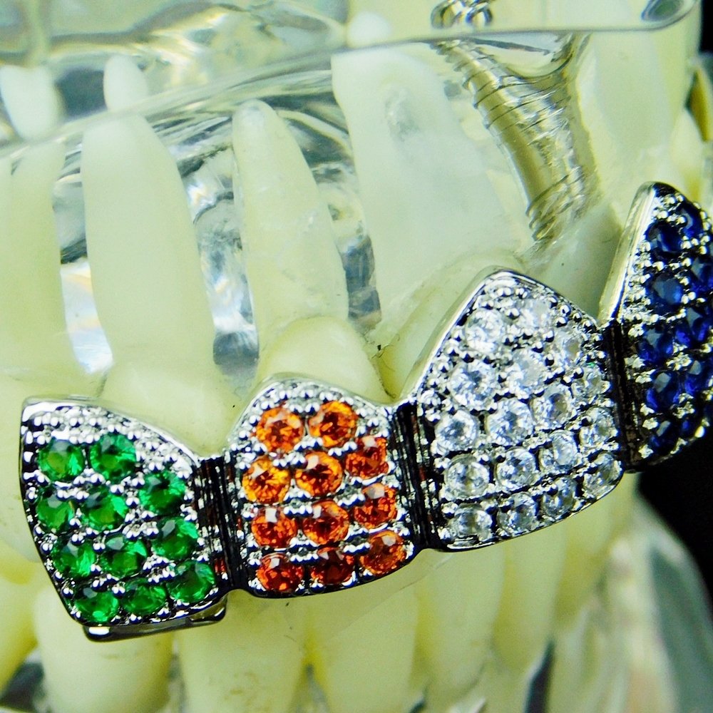 Multi-Color Grillz Silver Tone Top CZ Bling Clown Color Cubic Zirconia Rainbow Upper Teeth Hip Hop Grills - Perfect for Hip Hop Performances, Music Videos, and Streetwear Fashion