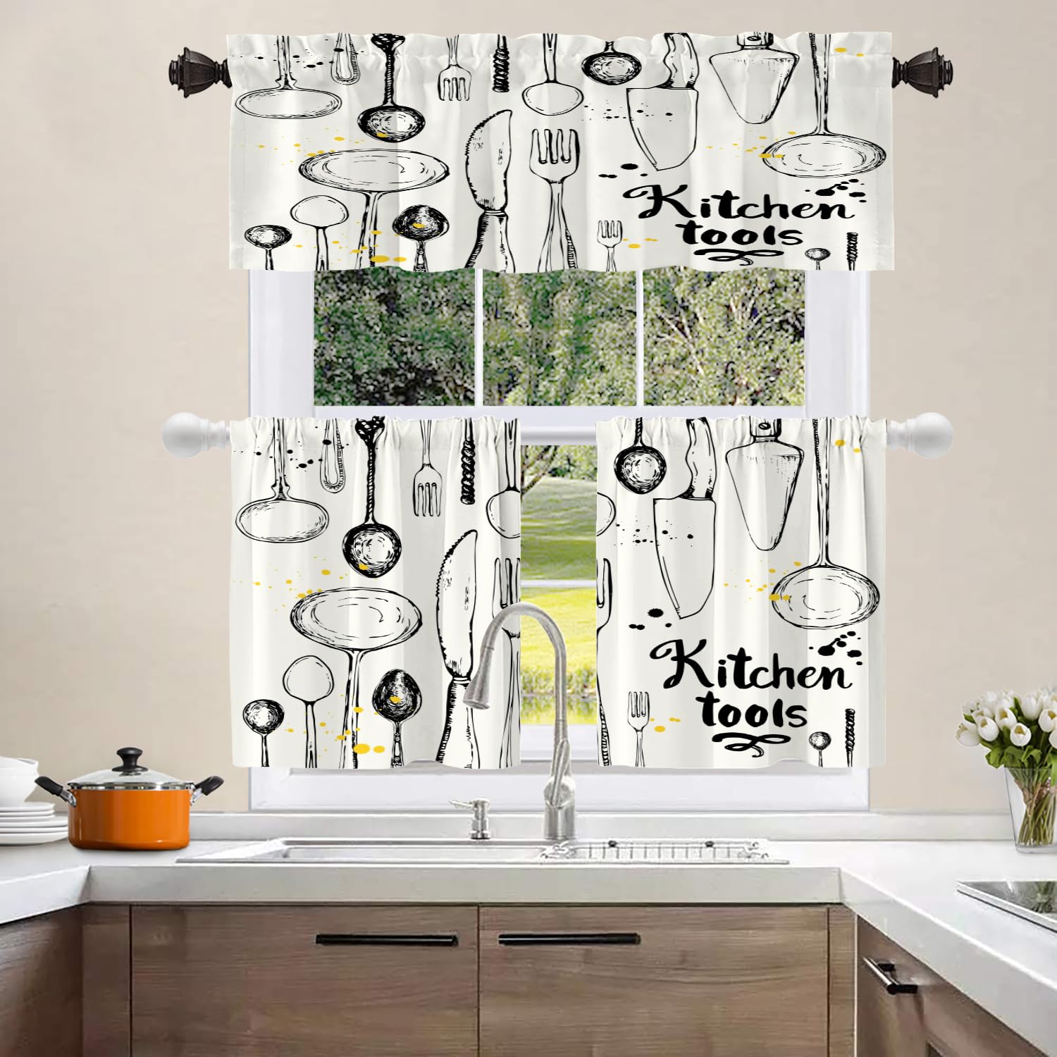 Shrahala White & Multicolor Art Black Kitchen Valance - 52x18 Inch Half Window Curtain with Seamless Eating Utensils Menu Pattern - Perfect for Kitchen Decor, Diner Styling, and Home Window Treatments