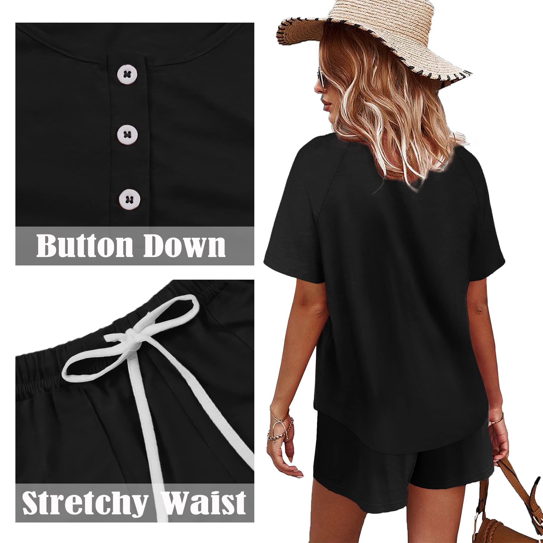 WIHOLL Women's 2-Piece Lounge Set - Button Down Top & Shorts with Pockets | Comfortable Sweatsuit for Home, Travel & Casual Wear