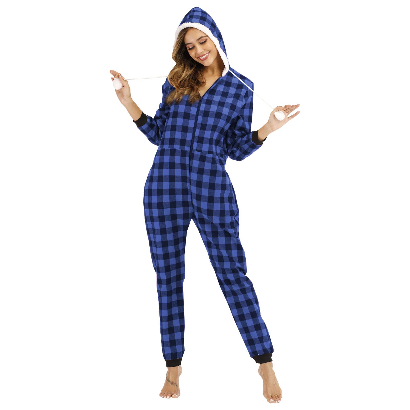 **Women's Plaid Hooded Onesie - Soft Cotton Long Sleeve Zip-Up Pajama Jumpsuit | Cozy Loungewear for Winter Nights & Sleepovers**    (Note: This optimized title includes relevant keywords like 