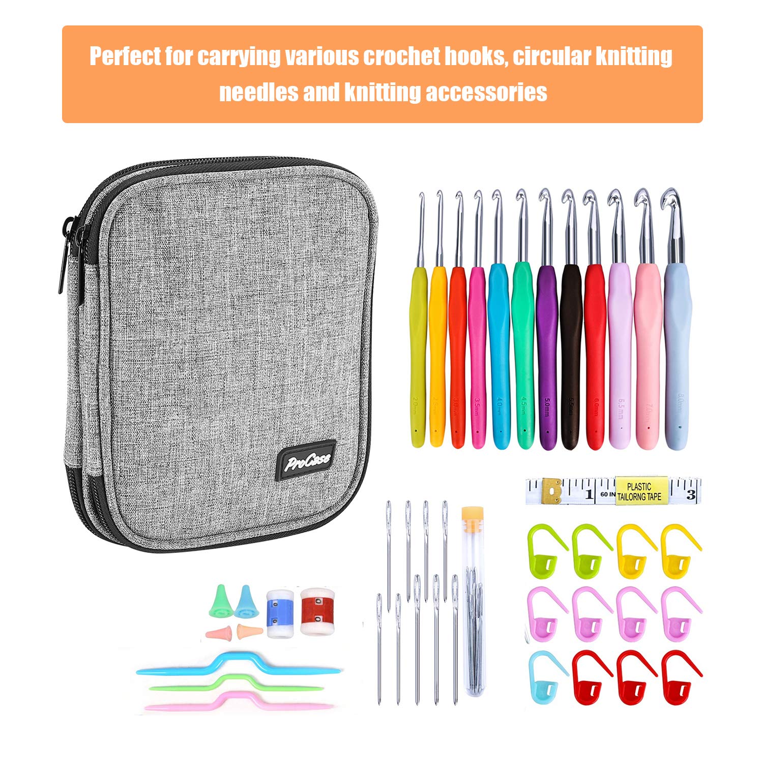 ProCase Crochet Hook Case - Travel Organizer Zipper Bag for Crochet Hooks & Knitting Needles (6.5 Inch Capacity) - Perfect for Craft Storage & On-the-Go Knitting Projects